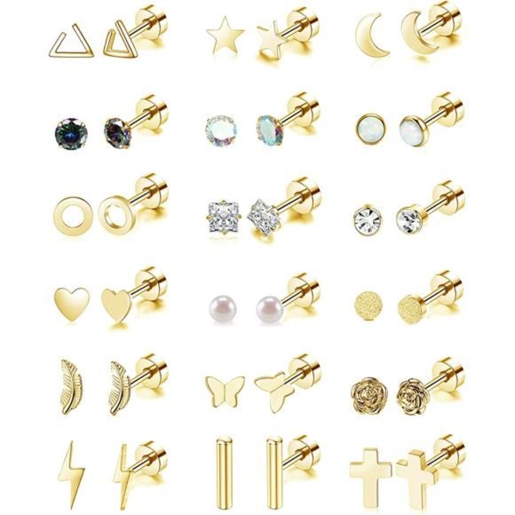 18 Pairs Gold Stud Earrings Set for Women 20G Cartilage Earrings - Picture 1 of 6